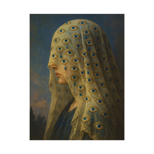 Fine art print of a woman in profile wearing a lace veil embroidered with multiple all-seeing eyes and blue teardrop details. The giclée reproduction features a romantic, gothic painting style with symbolic motifs, perfect for dark academia interiors, witchy decor, and spiritual spaces. Printed on soft textured archival paper in multiple sizes.